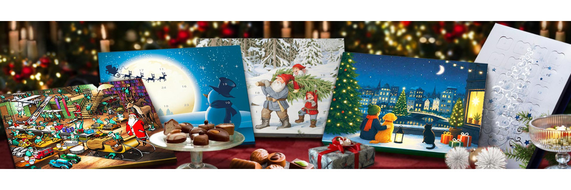 Adventskalender mit Pralinen  –  Vorbestellungspreis  bis zum 30. Juli  –  Neue Motive