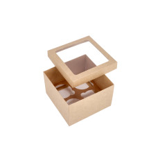 Zweiteilige Cupcake-Box für 4 Cupcakes mit PVC-Sichtfenster und individueller Einlage, 150x150x100 mm, Braun (10er-Pack)