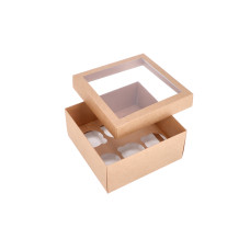 Zweiteilige Cupcake-Box für 6 Cupcakes mit PVC-Sichtfenster und individueller Einlage, 210x210x100 mm, Braun (10er-Pack)